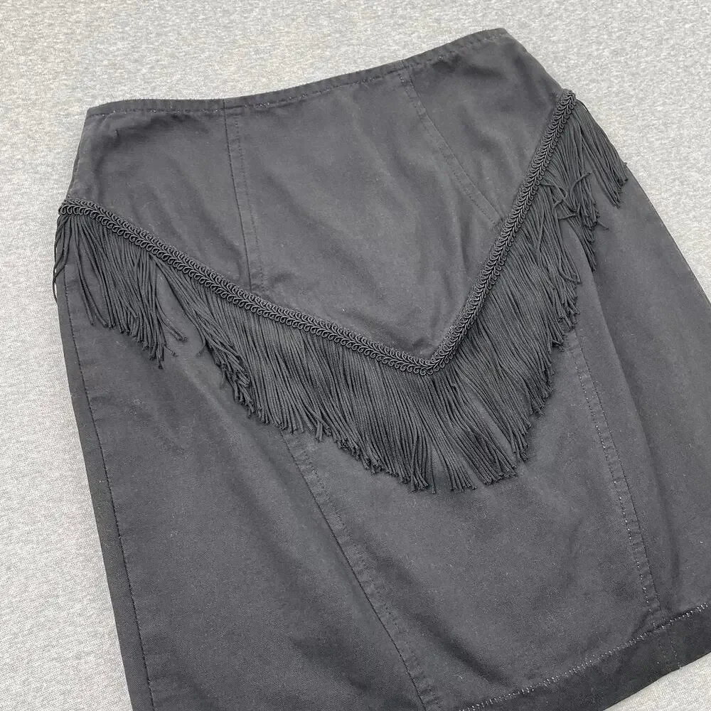 Vintage Y2K Black Fringe Mini Skirt Size 7 Western Boho Cowgirl Party High Waist